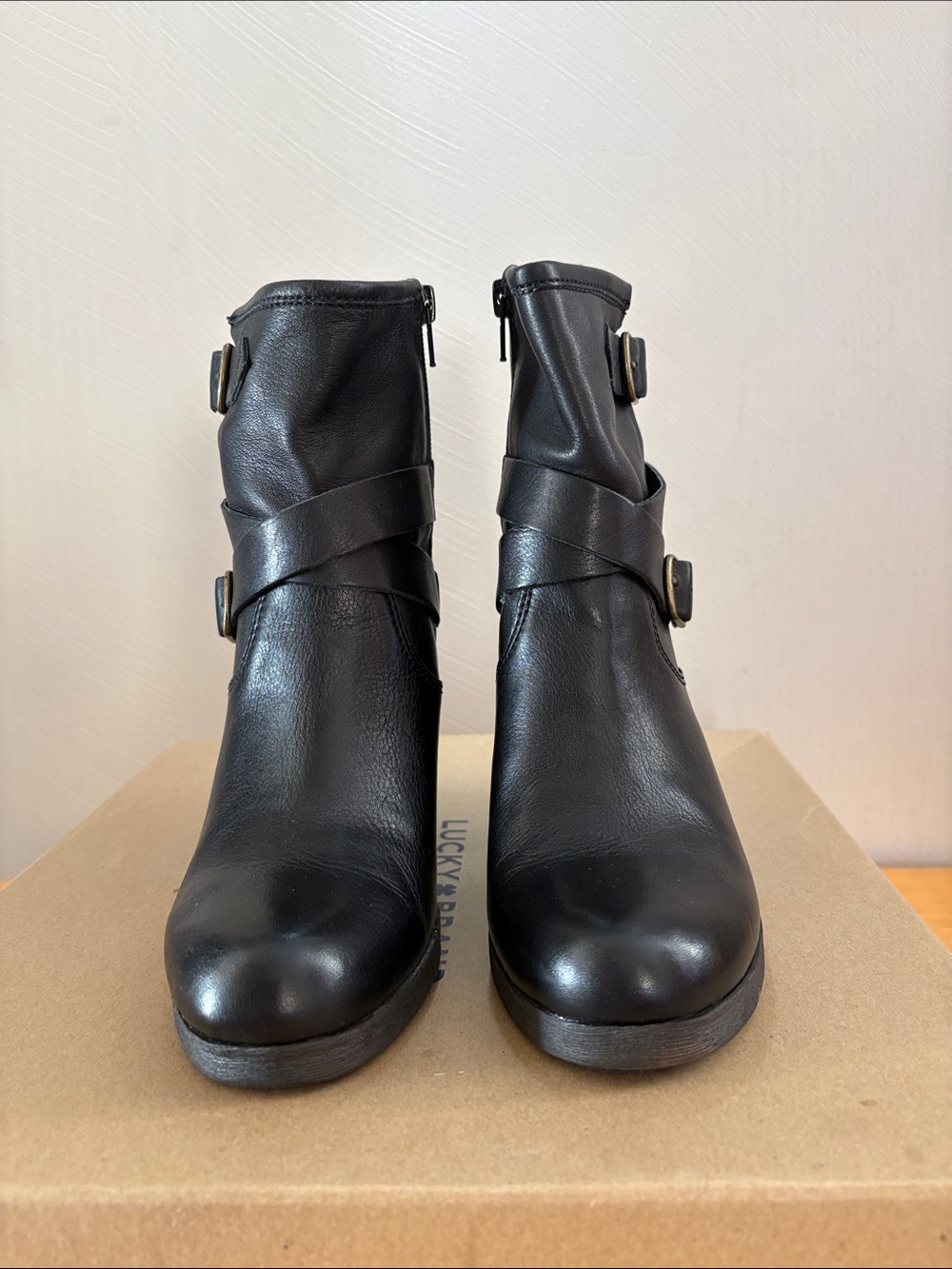 Lucky Brand Black Leather Ankle Boots with Buckle Straps